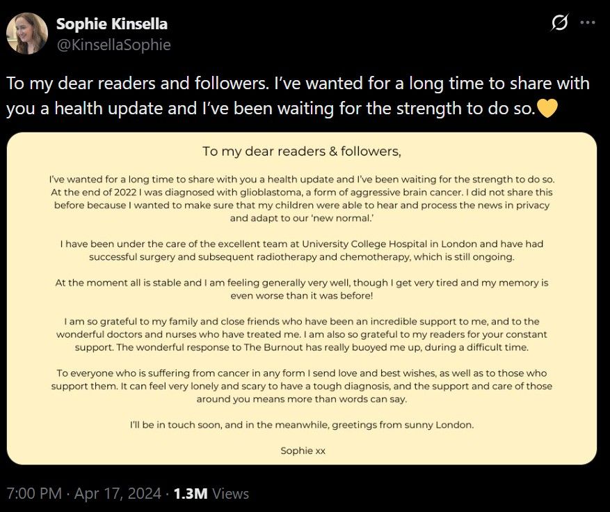 Sophie Kinsella's Cancer Update April 2024